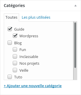 Panneau des catégories d'article